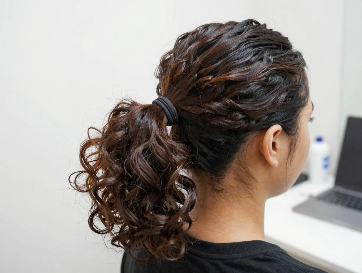 Simple polished ponytail updo with concealed elastic for casual friday