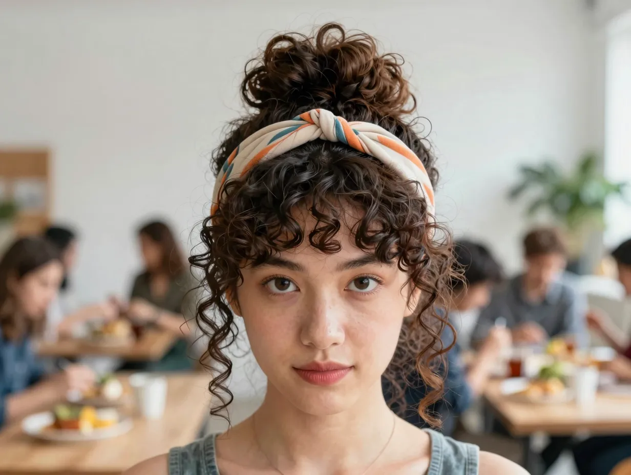 Playful bun with curly fringe and headband for creative workplace