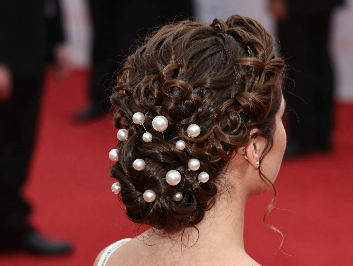 Embellished high bun with pearl hair pins for gala celebration
