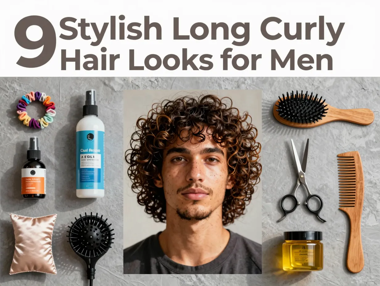 Portrait confident curly man flatlay grooming tools products nine styles