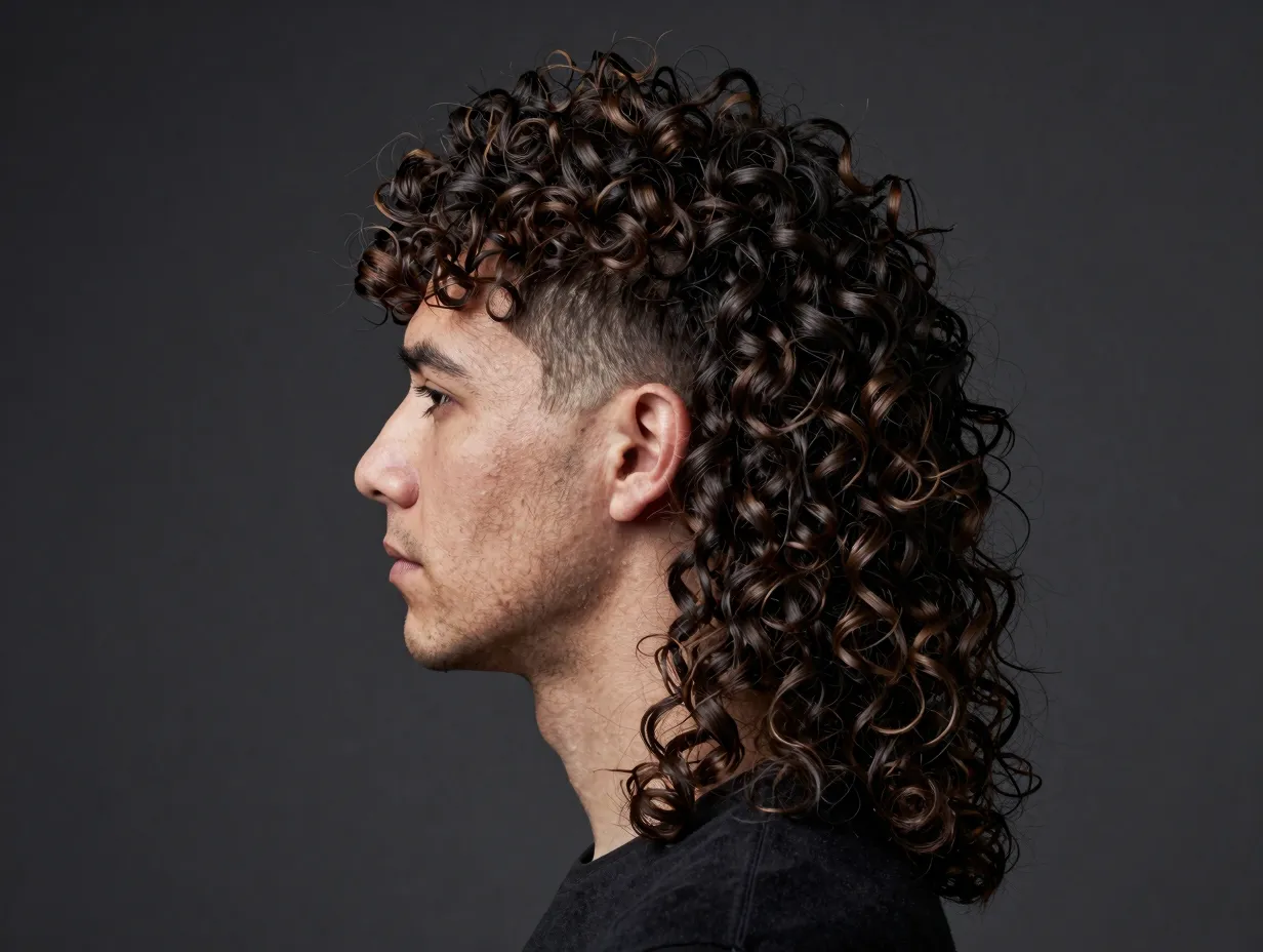 Curly mullet with tapered sides and long flowing back curls