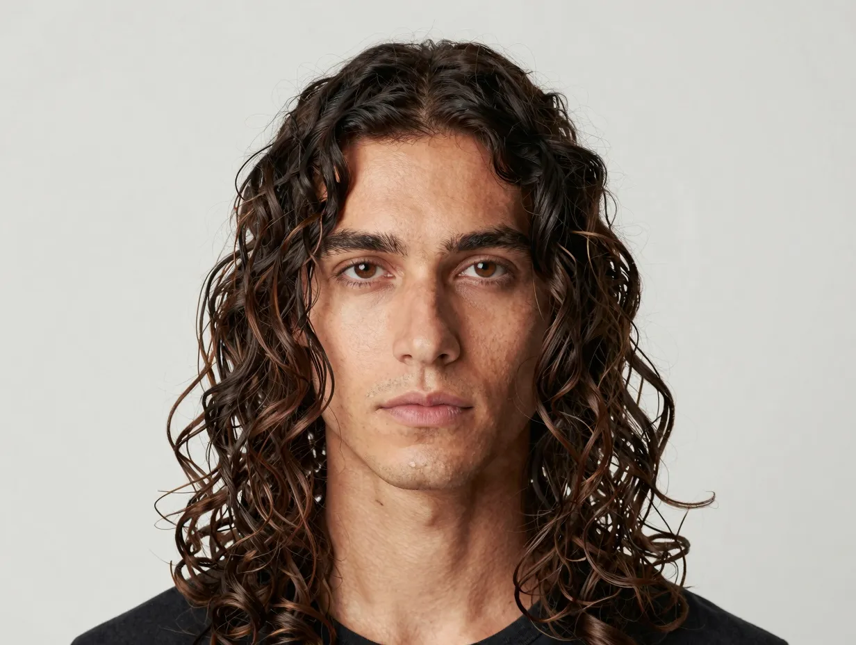 Man with curtain hair middle part and wavy fringe framing face