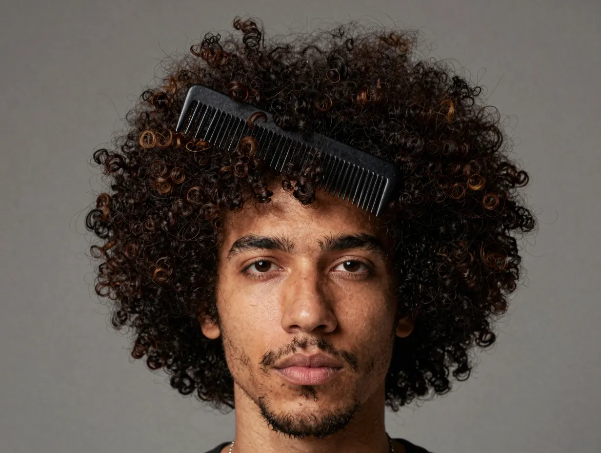 Full curly afro shaped with wide tooth comb emphasizing volume