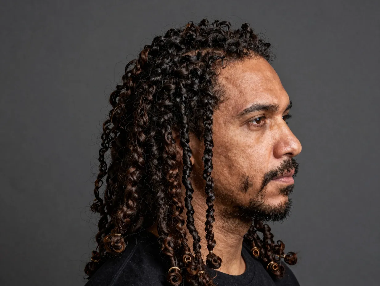 Man with mature curly locs styled freely as low manipulation