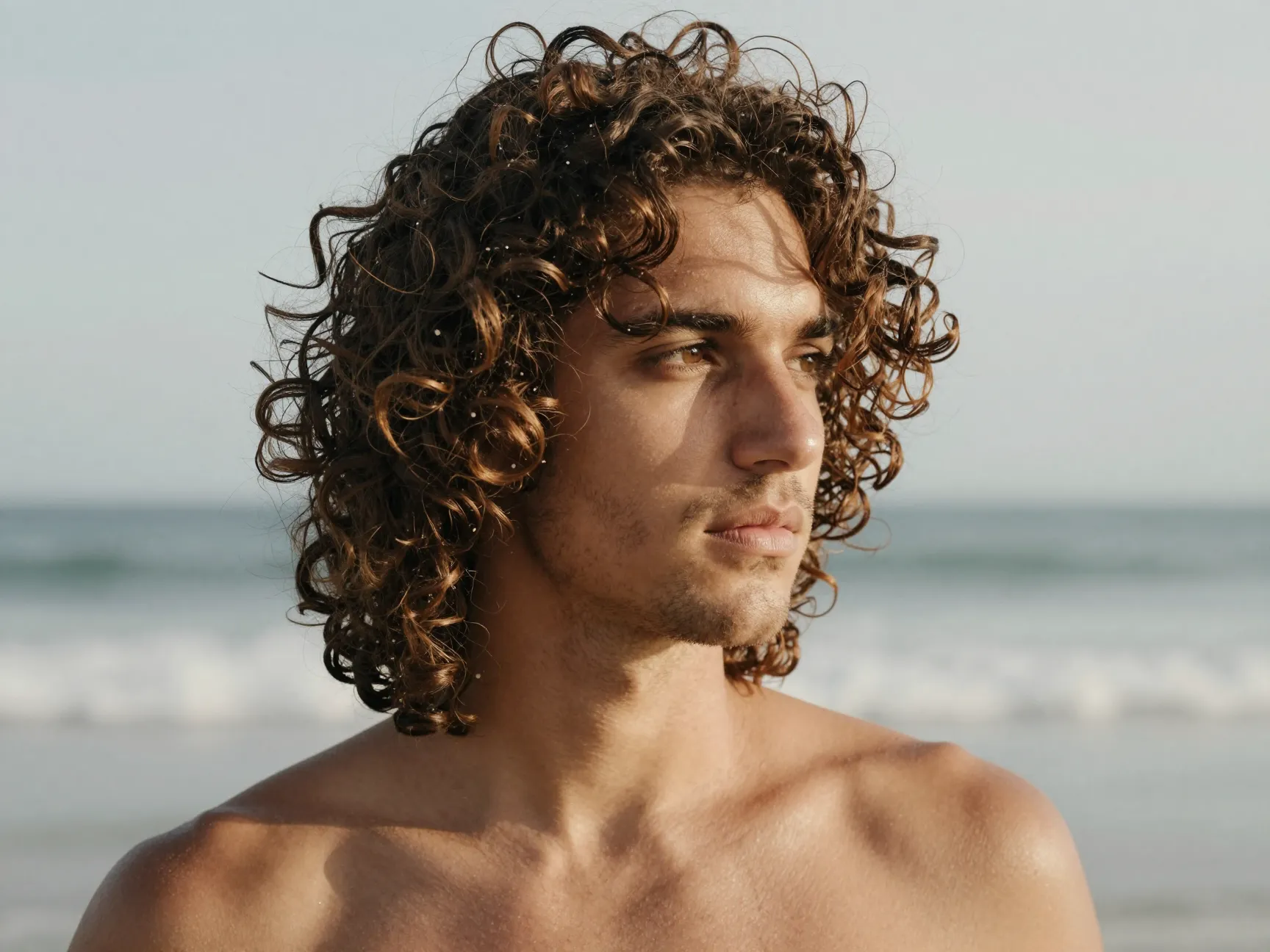 Surfer curls flow with sea salt spray texture carefree aesthetic