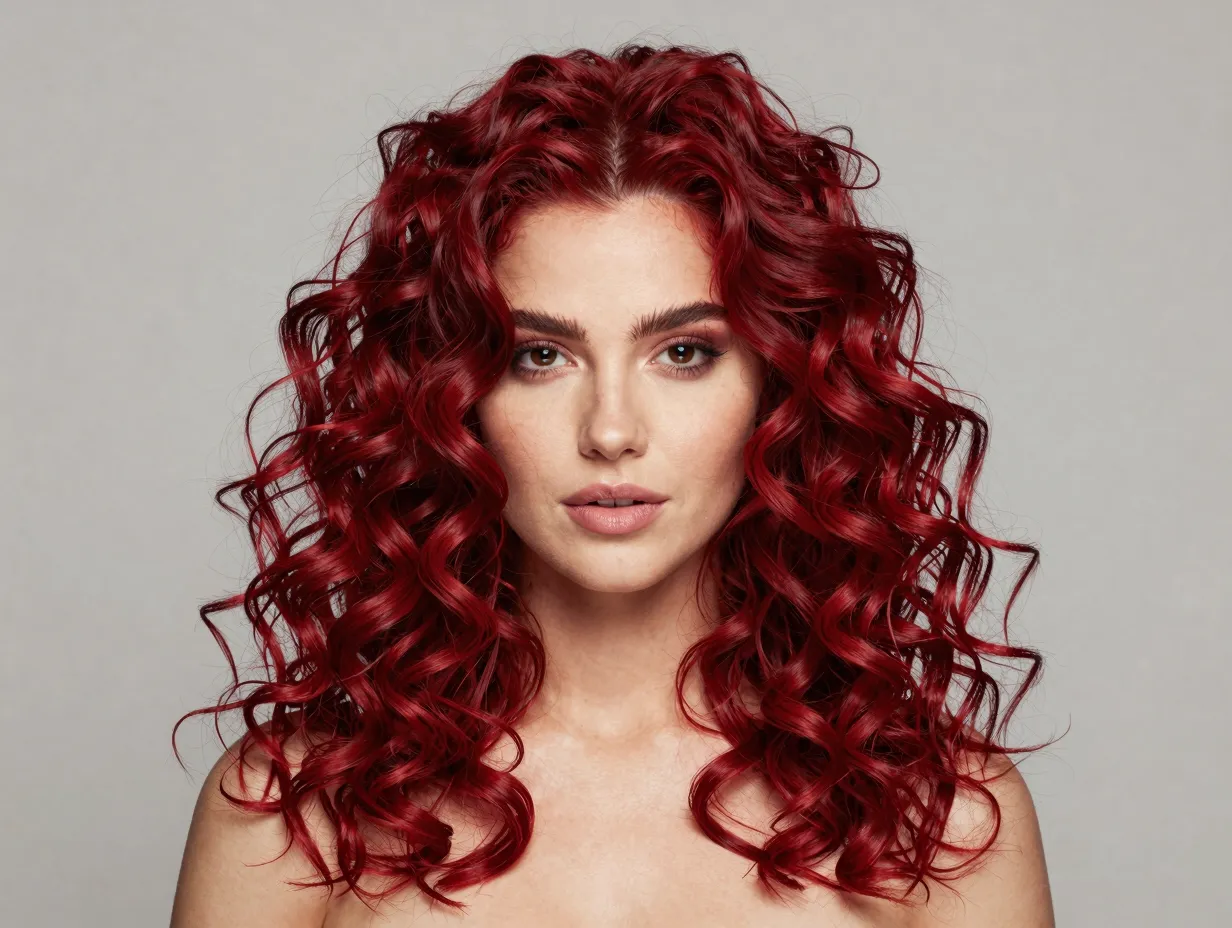 Ruby red curly hair woman with vibrant defined ringlets