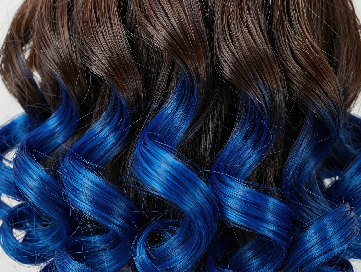 Electric blue tight ringlets detail shot on dark brown base