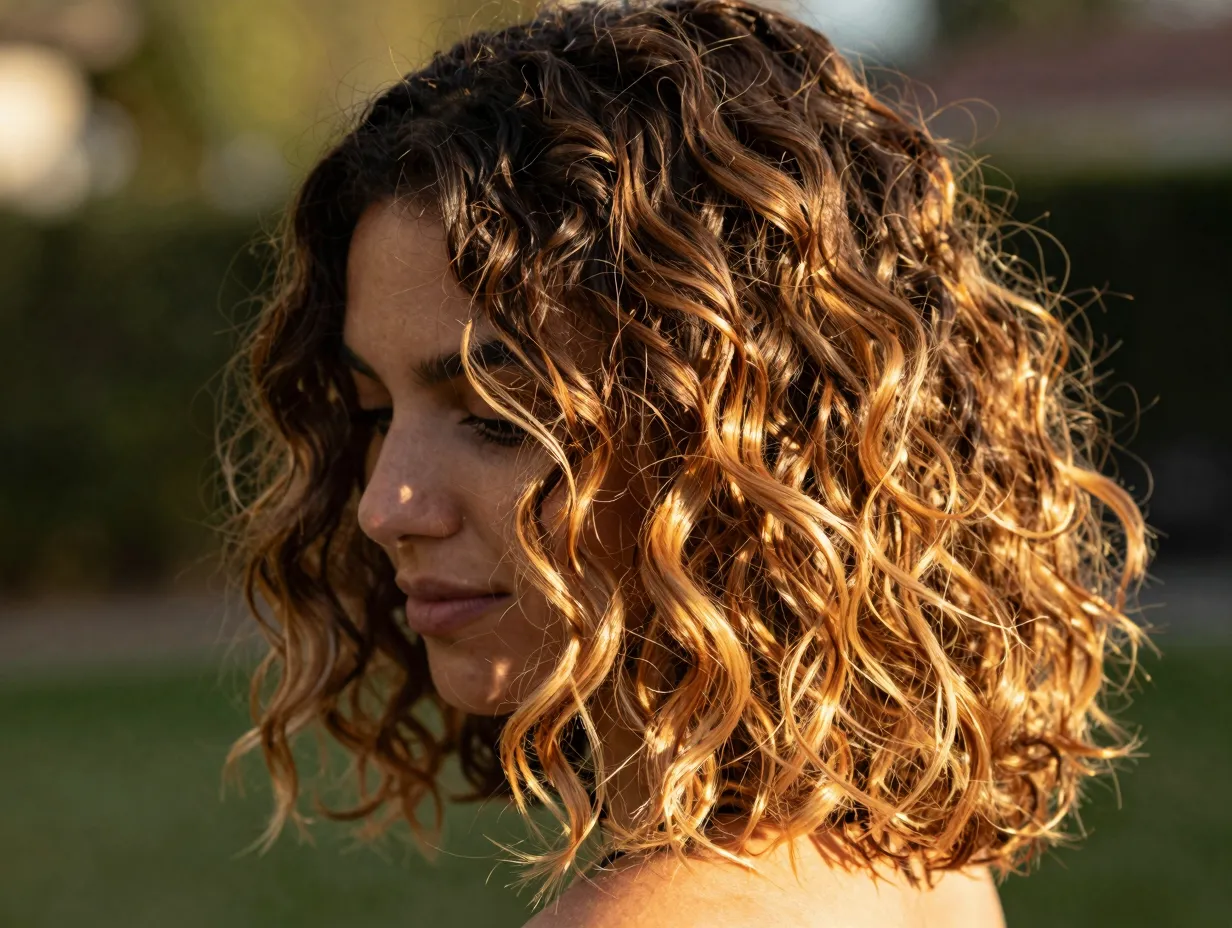 Golden honey balayage on dark curly hair in sunlight