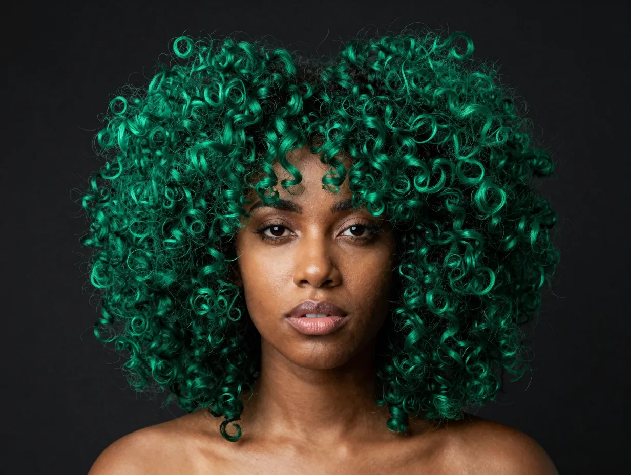 Bold emerald green all over dense afro textured hair