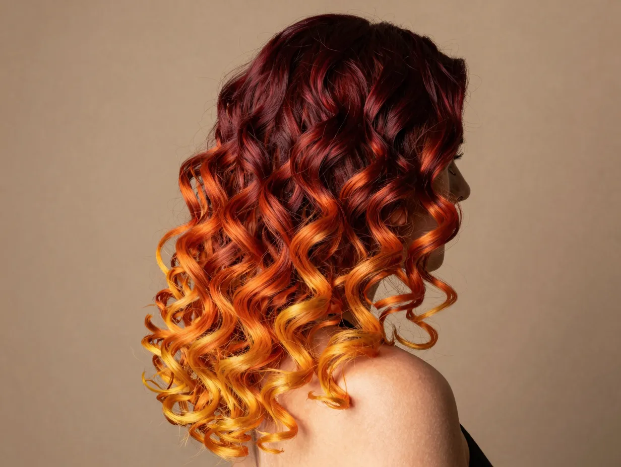 Sunset ombre burgundy orange yellow on tight spiral curls