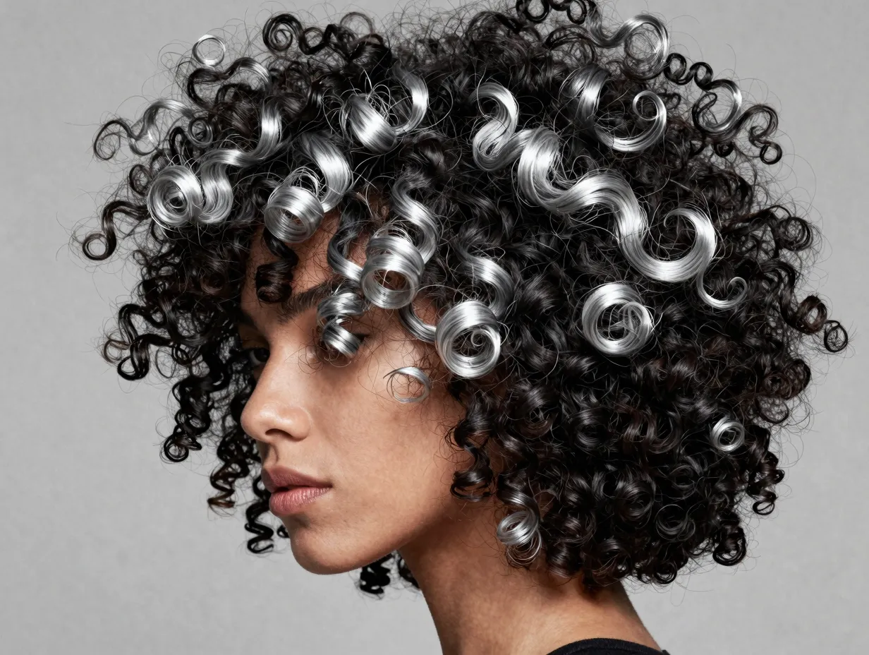 Chunky silver highlights on natural black coiled afro