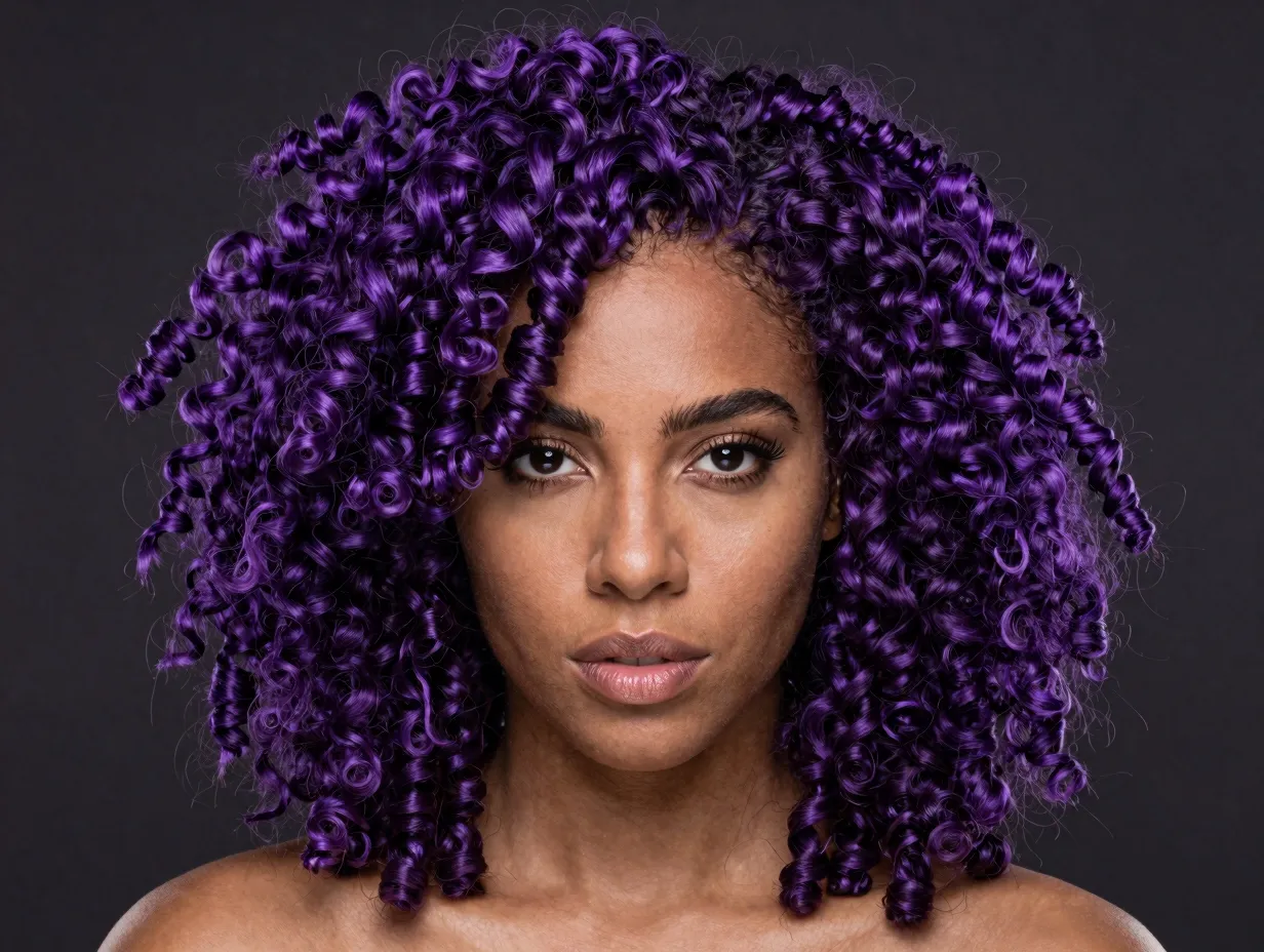 Vivid violet jewel tone on tight coiled 4b textured hair