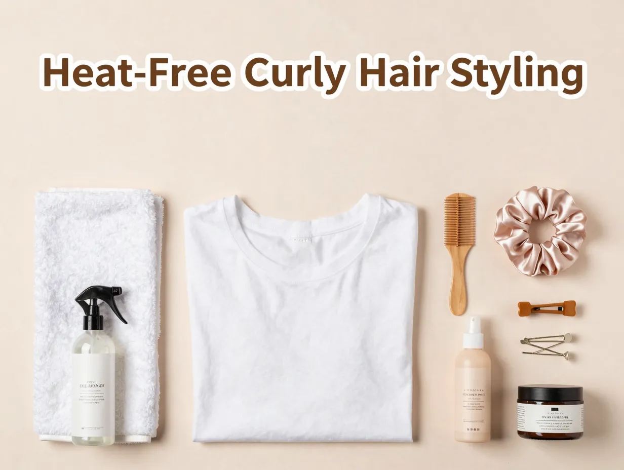 Heat free curly hair styling tools natural products flat lay