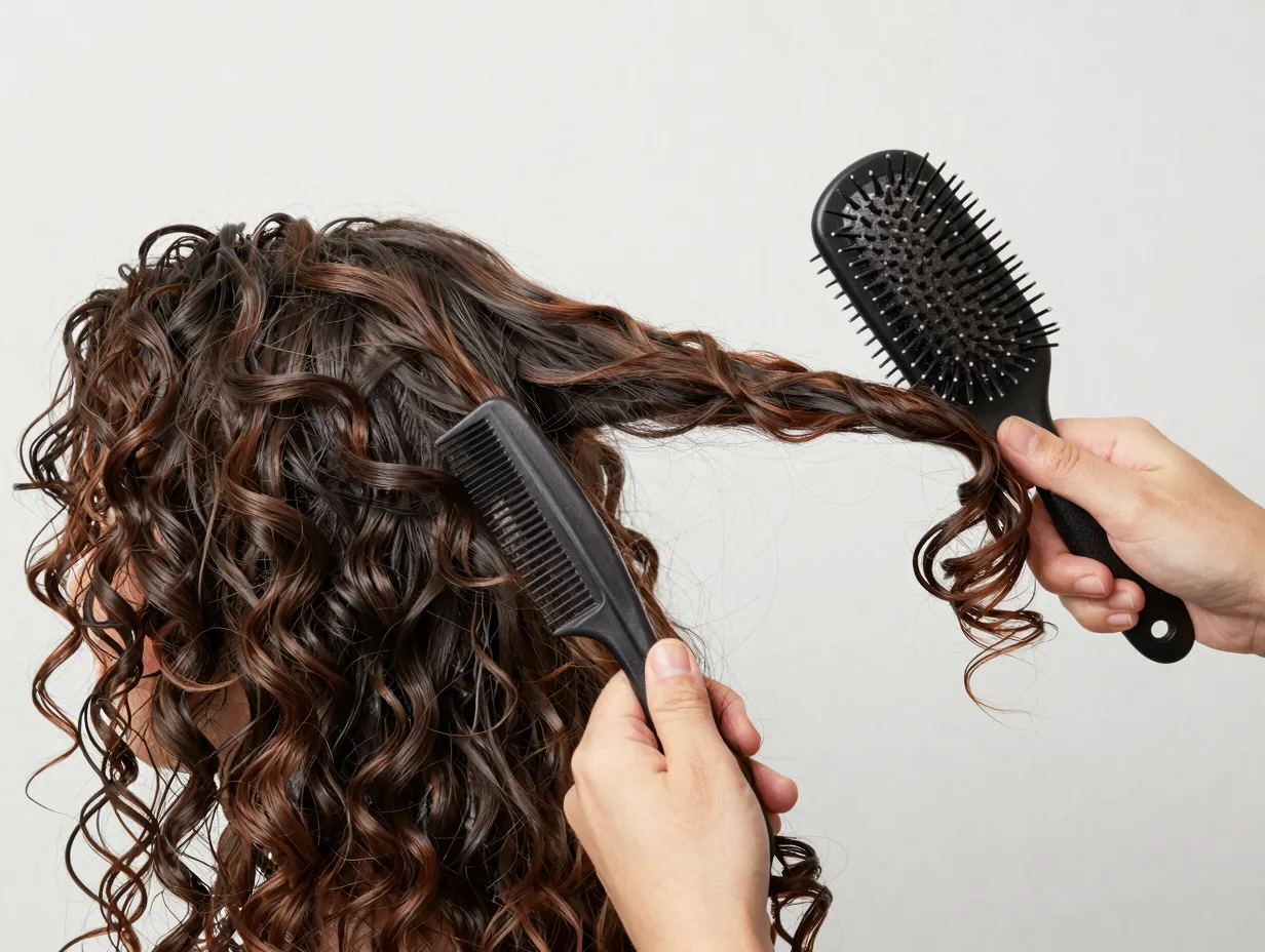 Brush stretching a section of damp curly hair for elongation