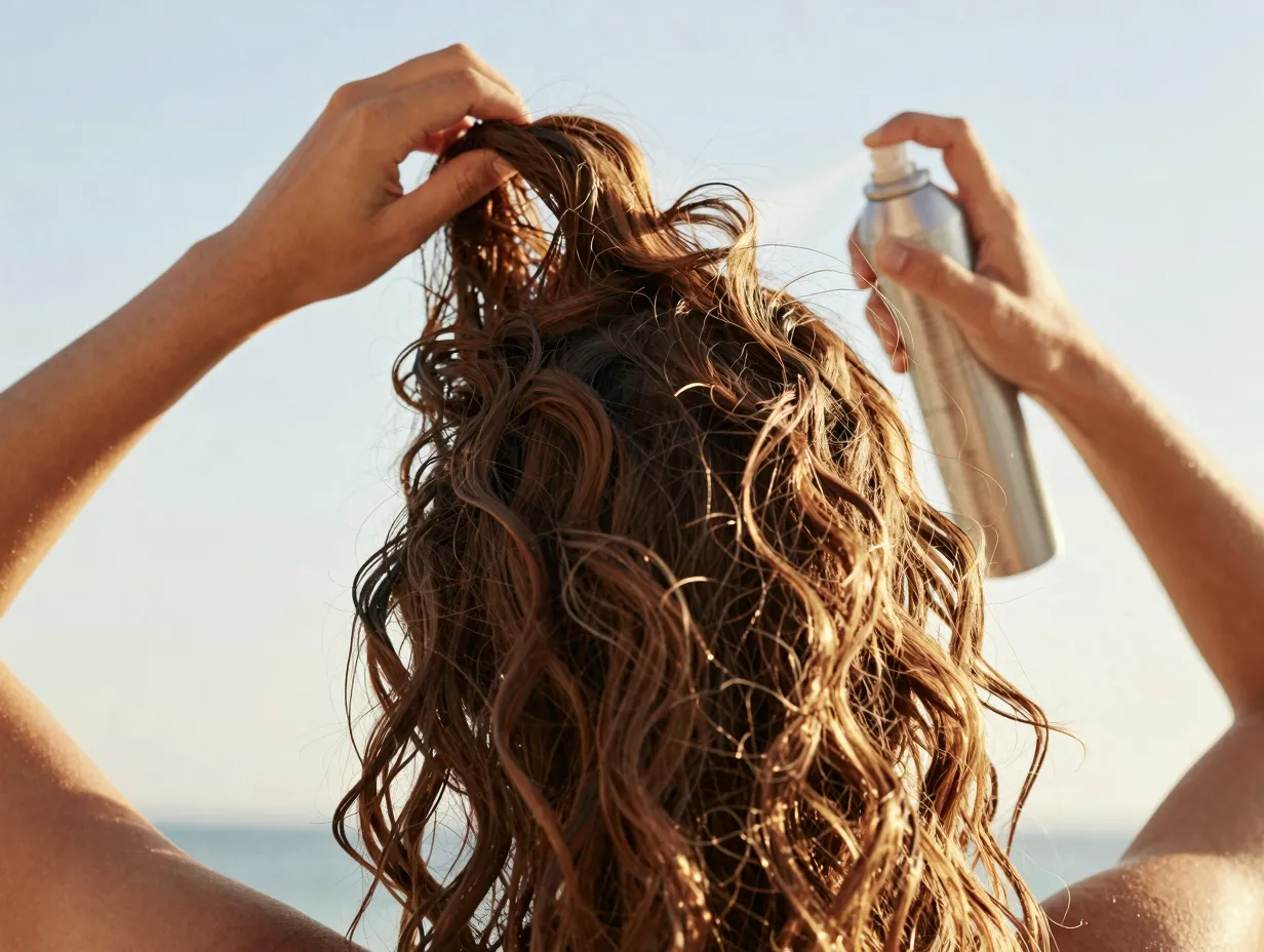 Person scrunching hair with salt spray for beachy wave texture