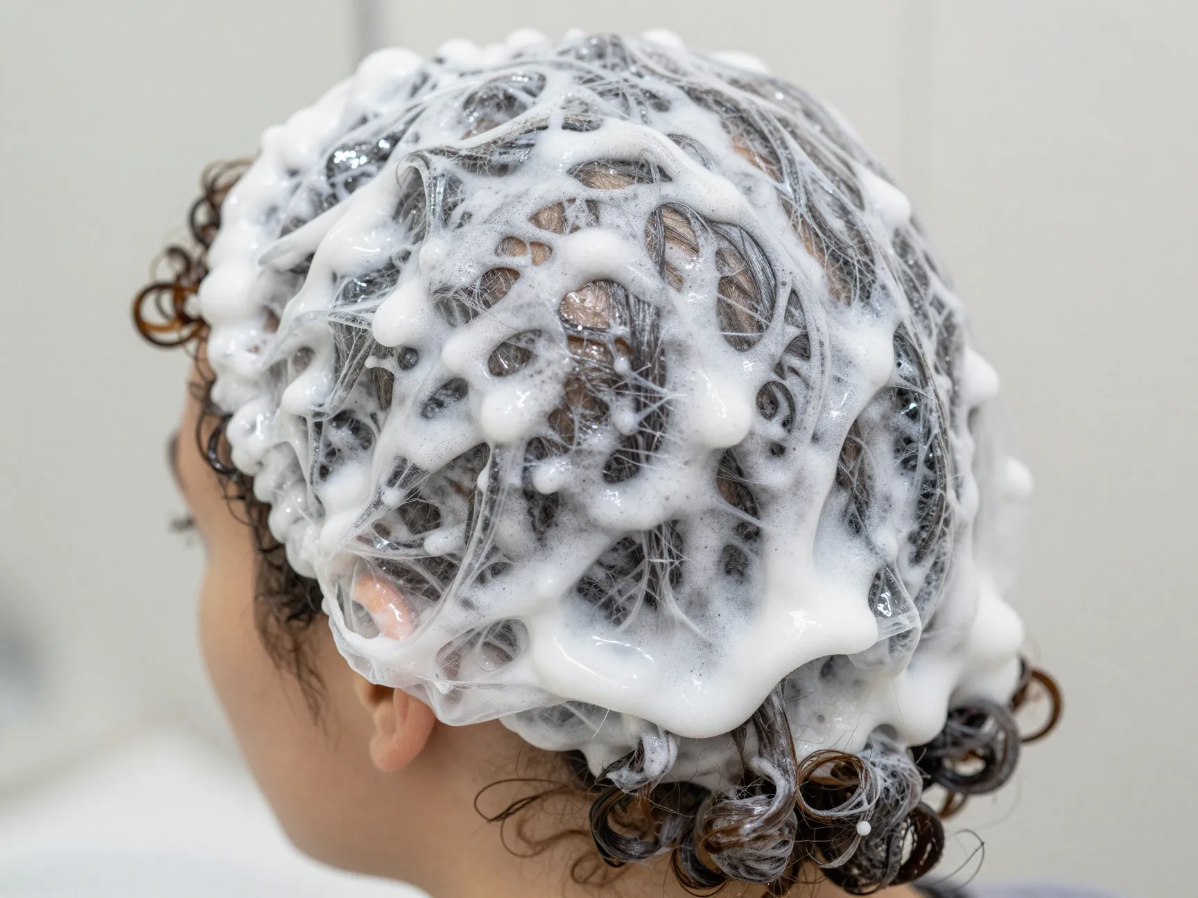 Deep conditioning mask applied to curly hair under a shower cap