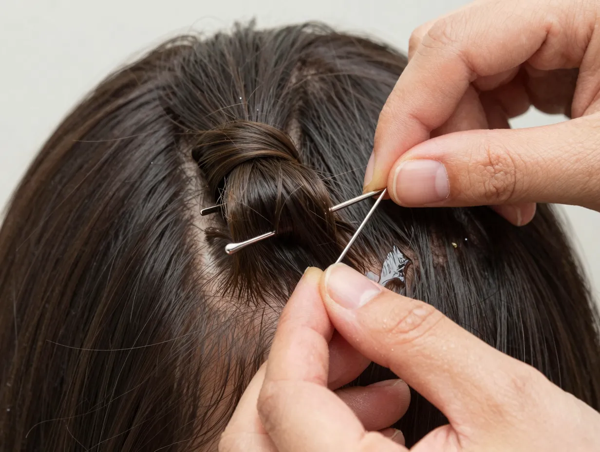 Hand securing a pin curl with a bobby pin against the scalp