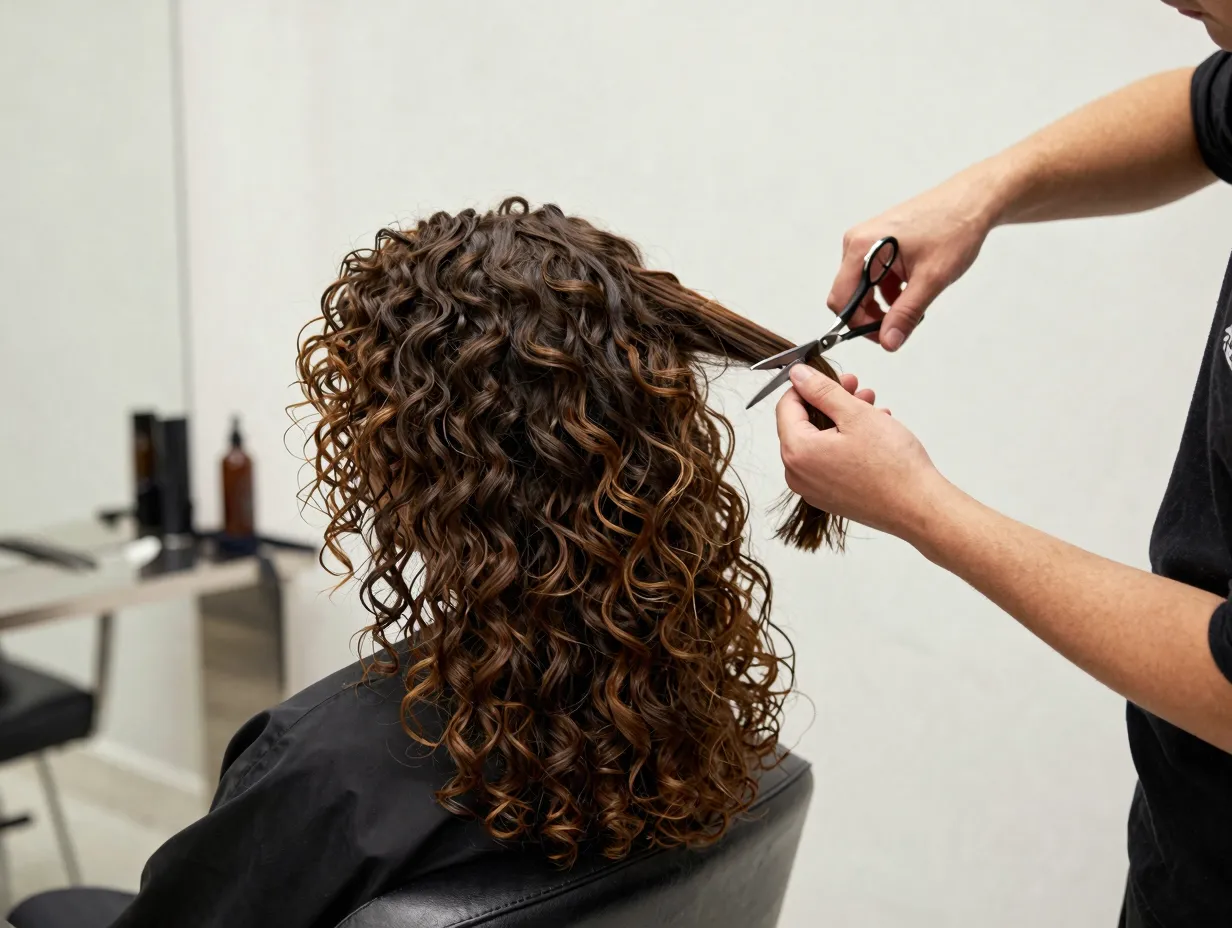 Strategic layered haircut in a professional curl salon setting