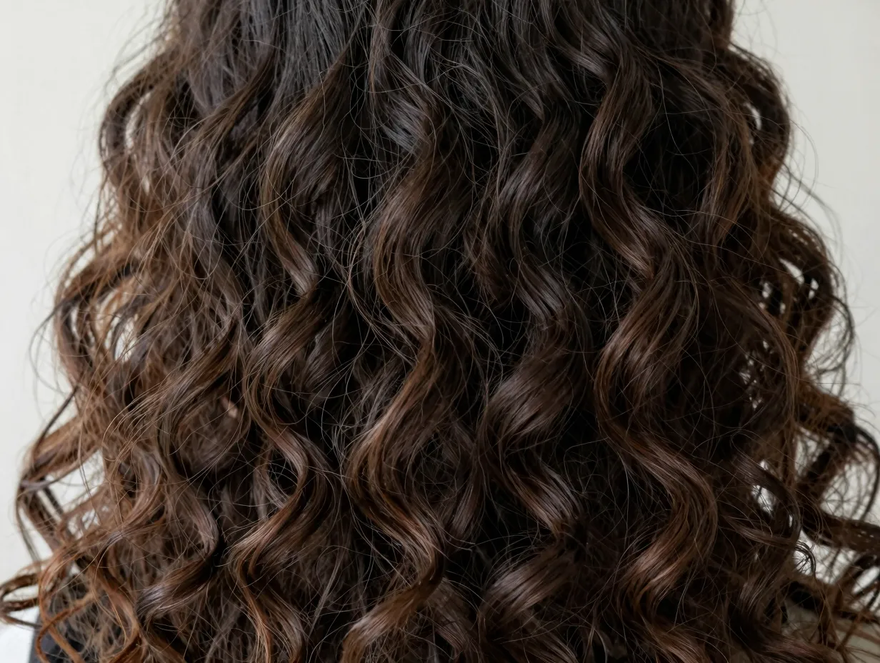 Graduated layering pattern creating voluminous lifted curly roots
