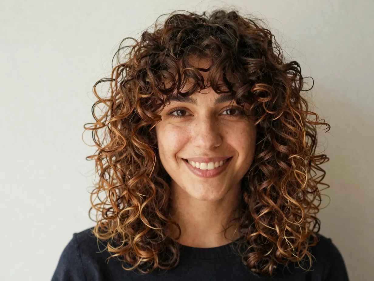 Soft shag haircut with feathery layers on fine curly hair