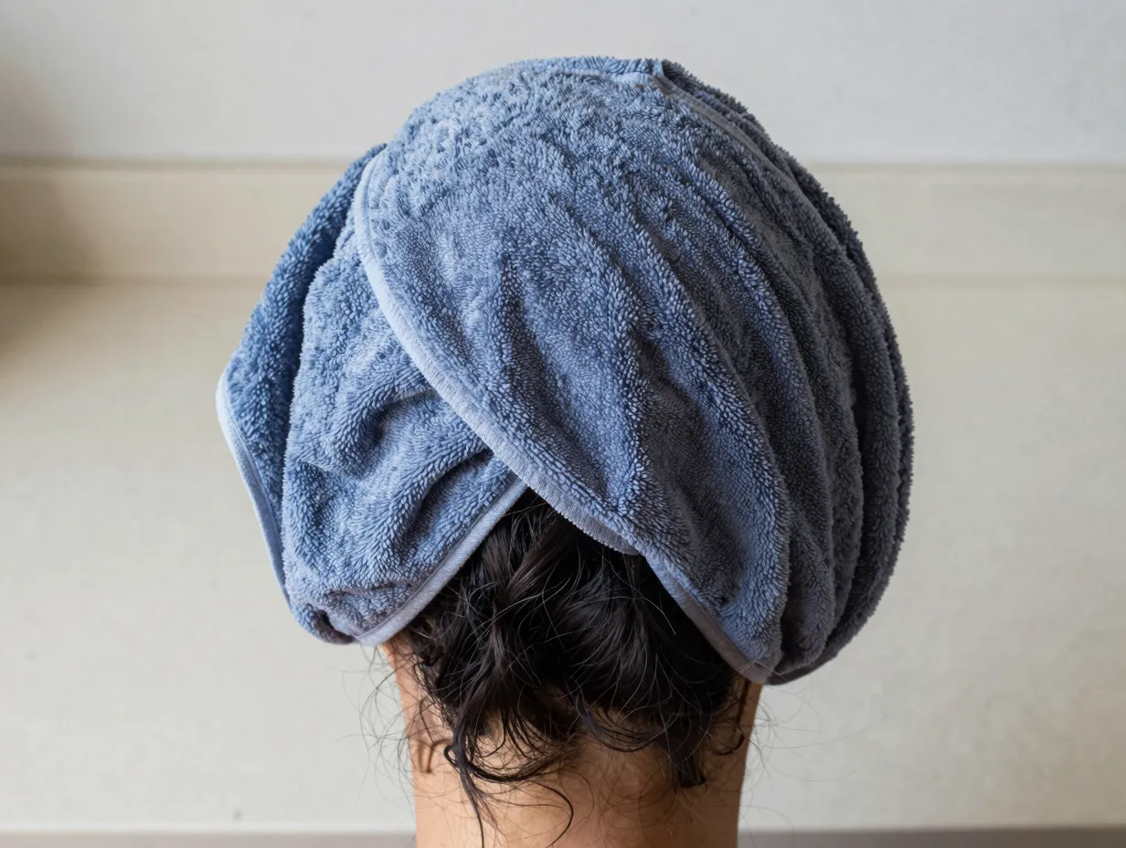 Plopping method with curly hair wrapped in a microfiber towel