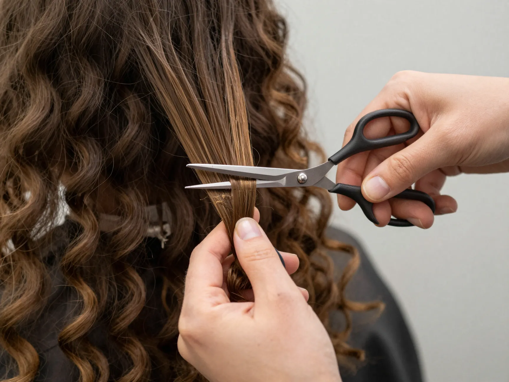 Professional stylist performing a precise trim on long layered curls