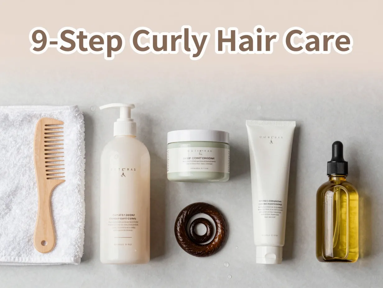 Microfiber towel comb shampoo mask conditioner cream oil curl flat lay