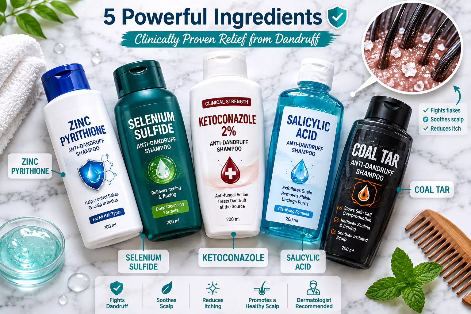 Anti dandruff shampoo ingredients flat lay medical teal