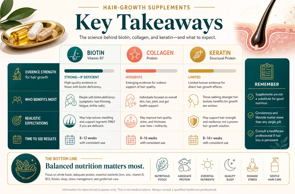 Biotin collagen keratin supplement key takeaways infographic
