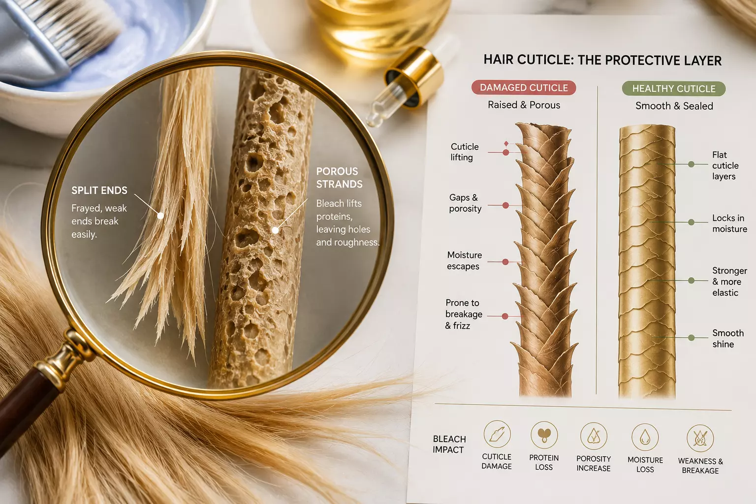 Bleach damage split ends porous hair cuticle diagram
