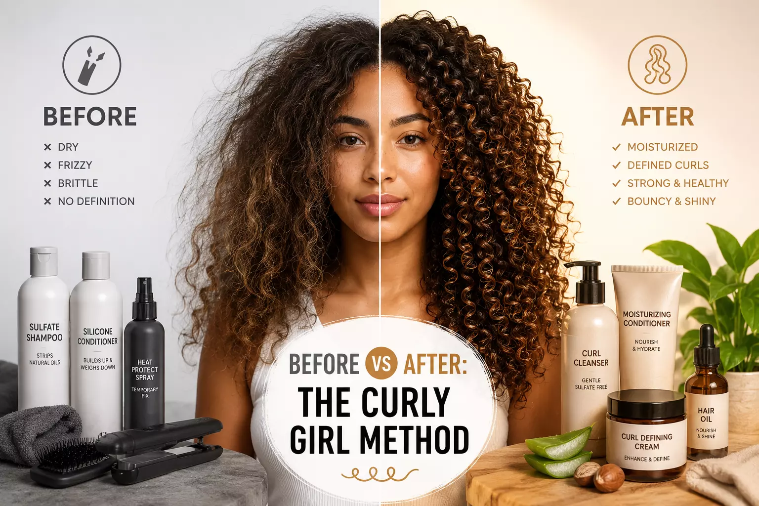 Curly girl method before after split infographic editorial