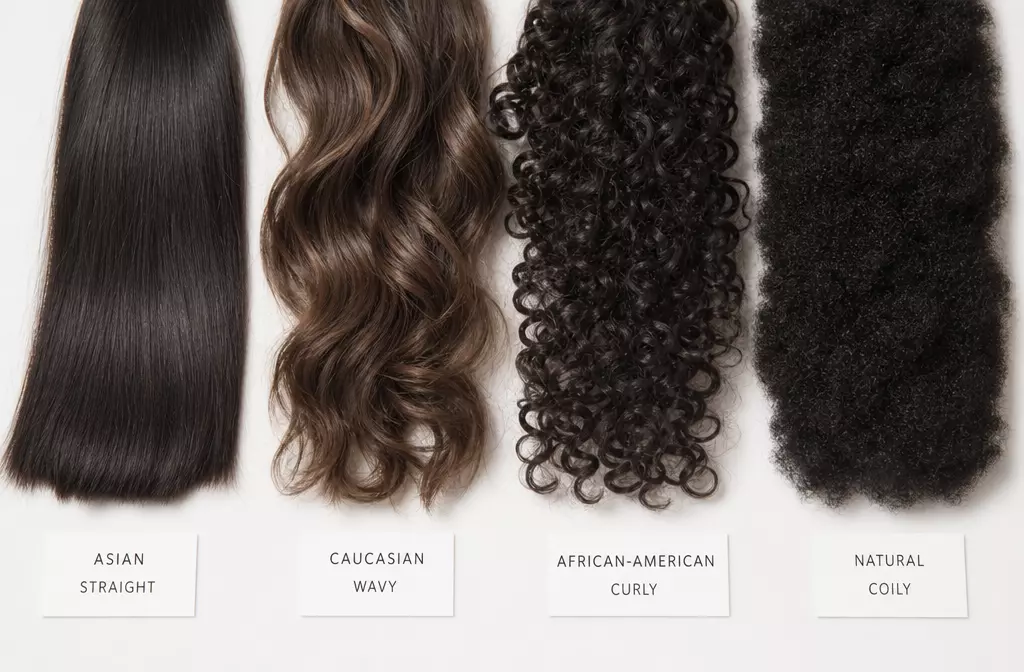 Four hair textures straight wavy curly coily side by side
