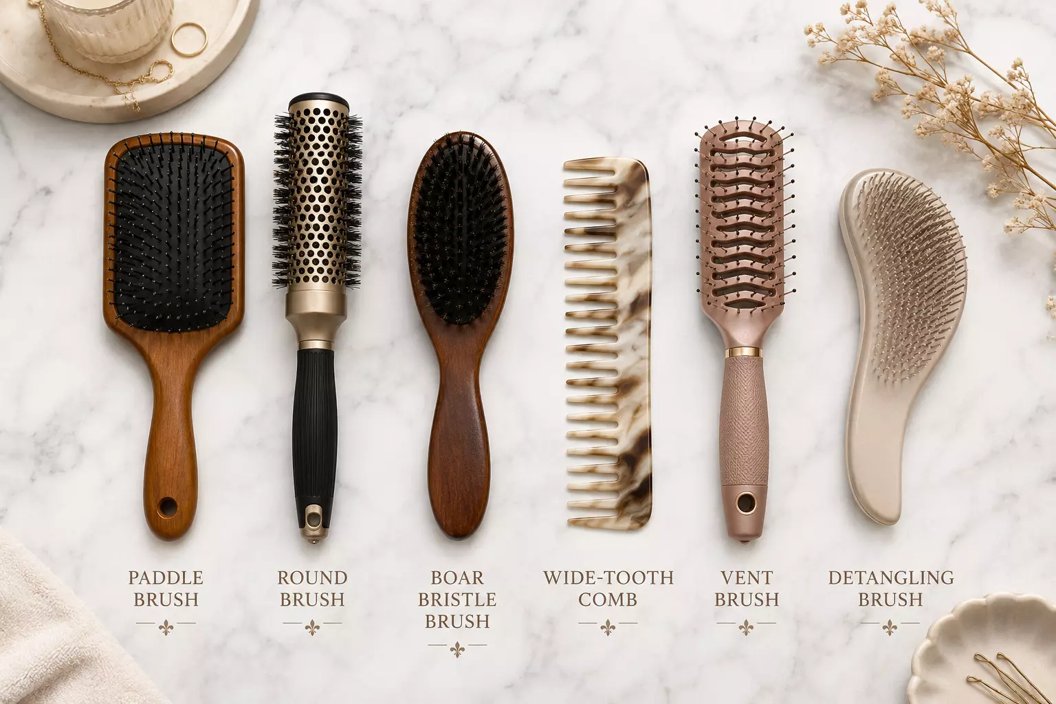 Hair brush types flat lay labeled marble editorial landscape