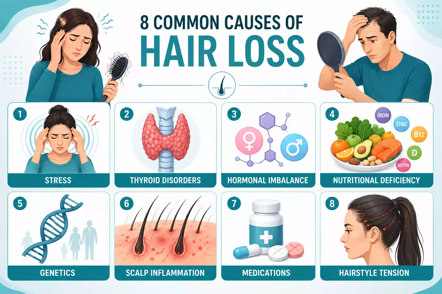 Hair loss causes icons eight labeled medical teal infographic