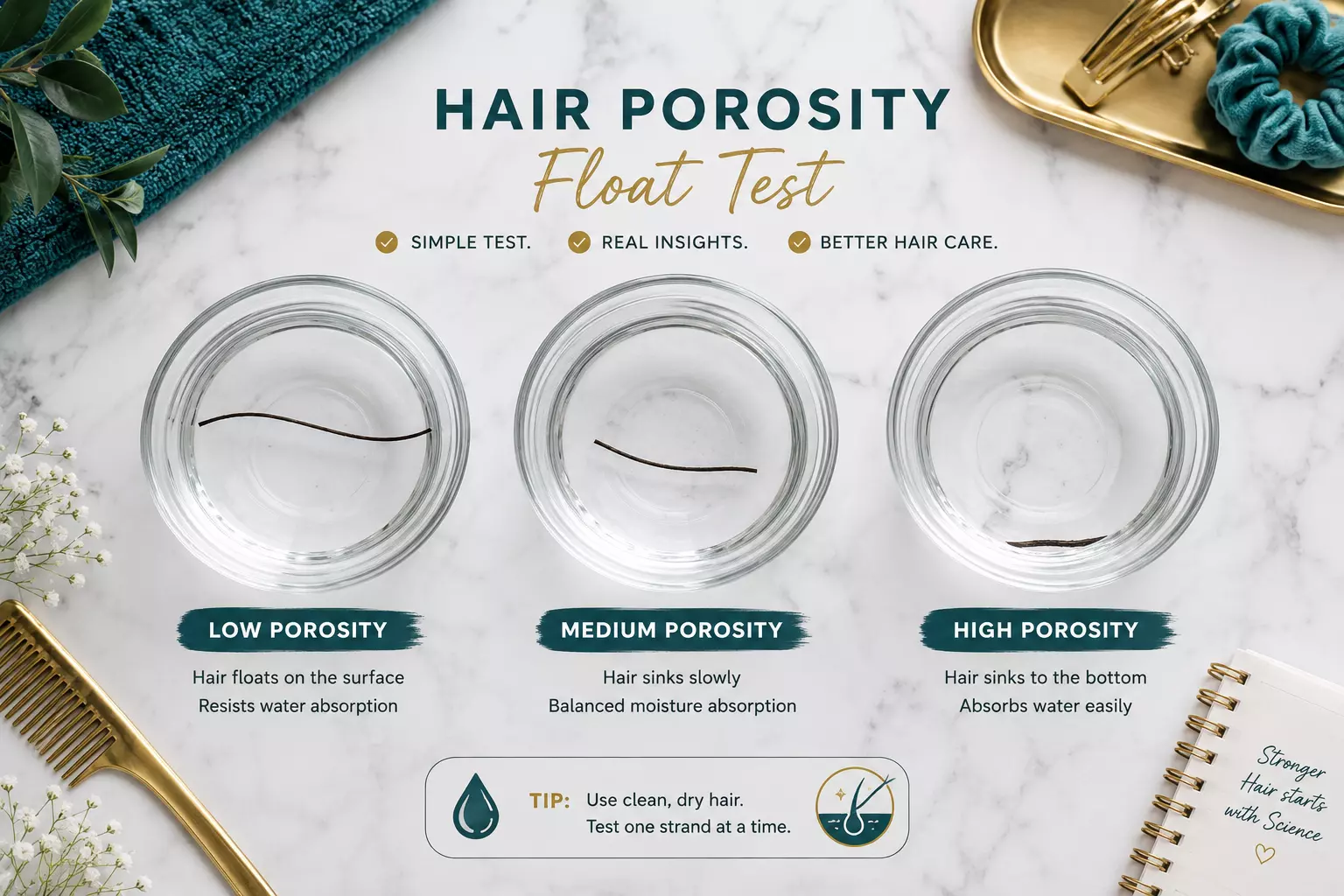 Hair porosity float test three bowls infographic editorial