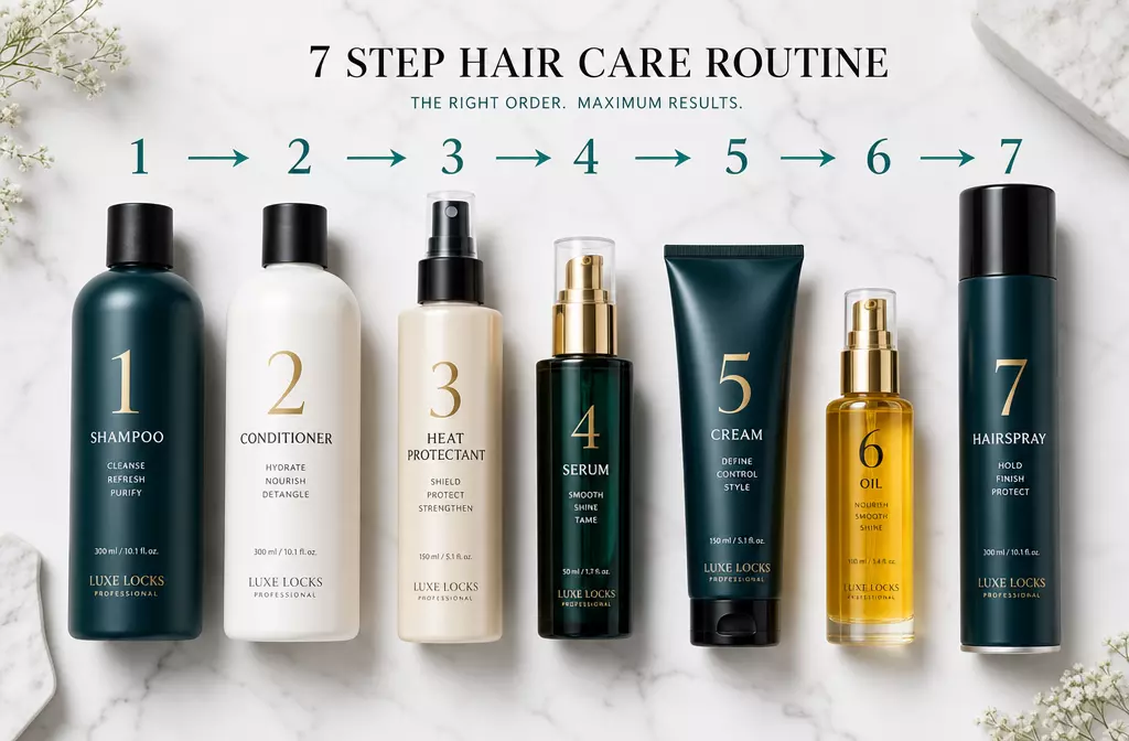 Hair product application order shampoo to hairspray flat lay