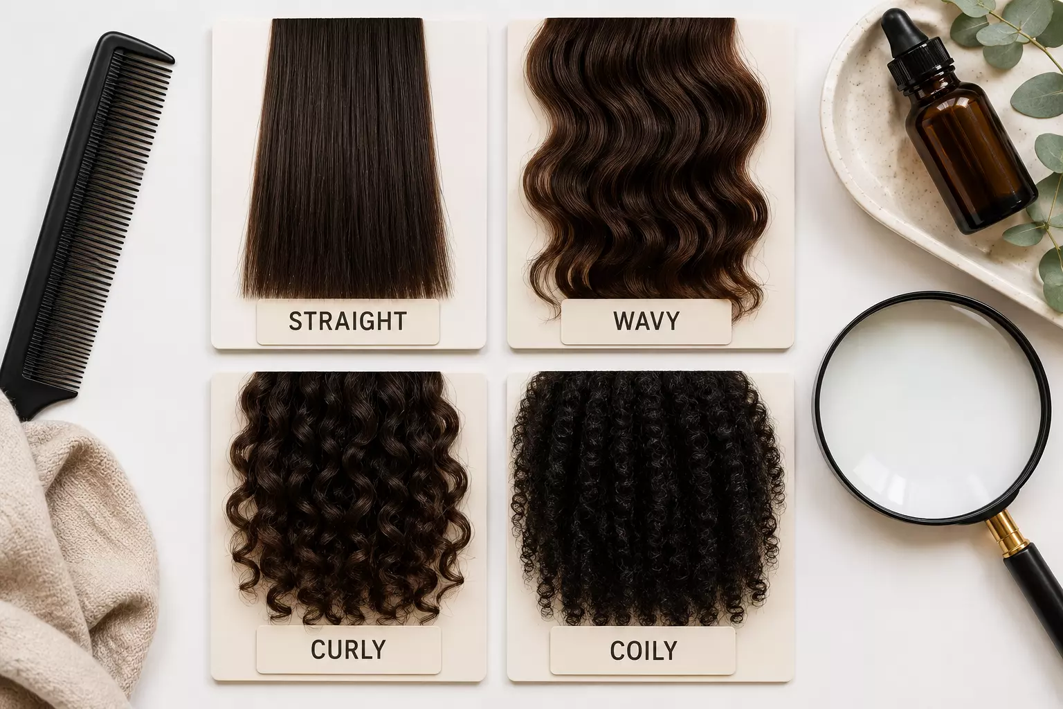 Hair texture swatches straight wavy curly coily infographic