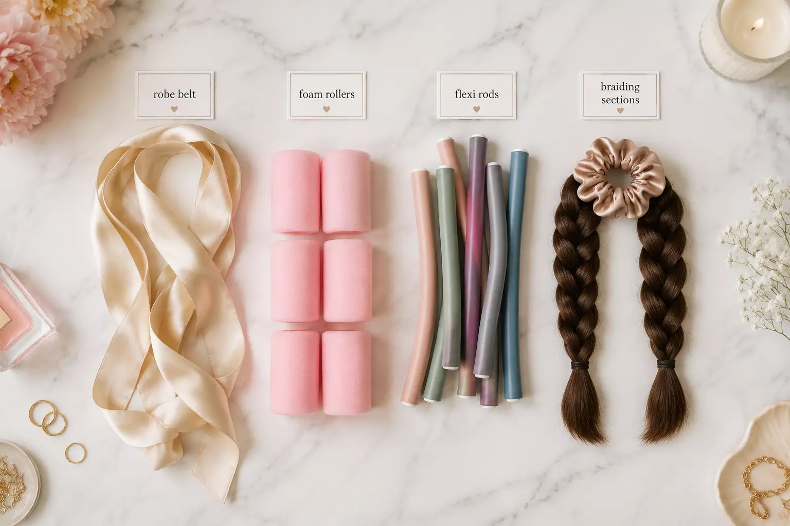 Heatless curl tools silk ribbon foam rollers flexi rods