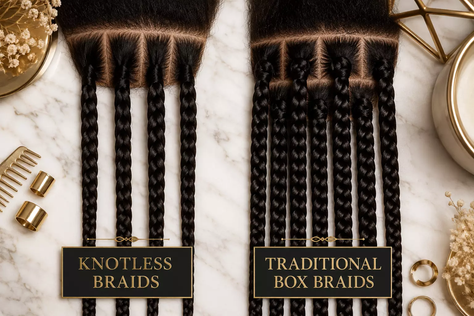 Knotless vs box braids root detail flat lay comparison