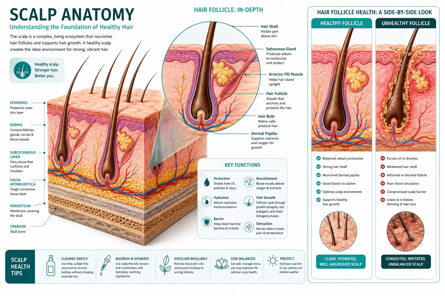 Scalp anatomy cross section healthy follicle medical diagram