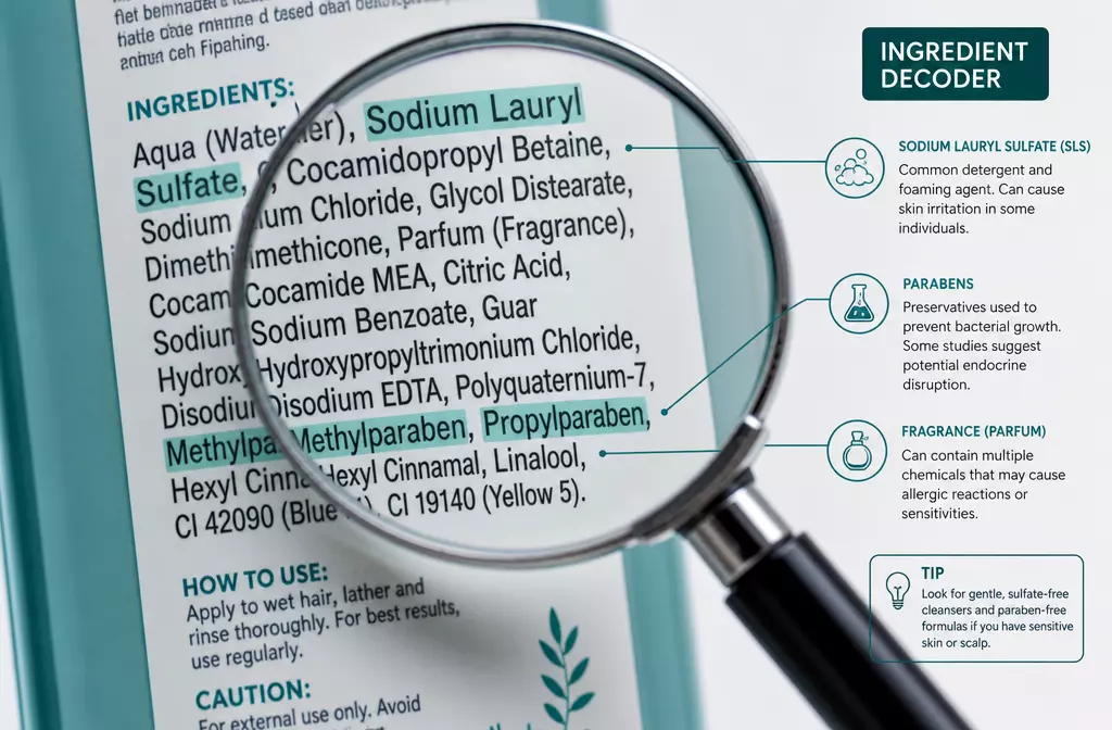Shampoo label ingredients magnifying glass sulfates parabens