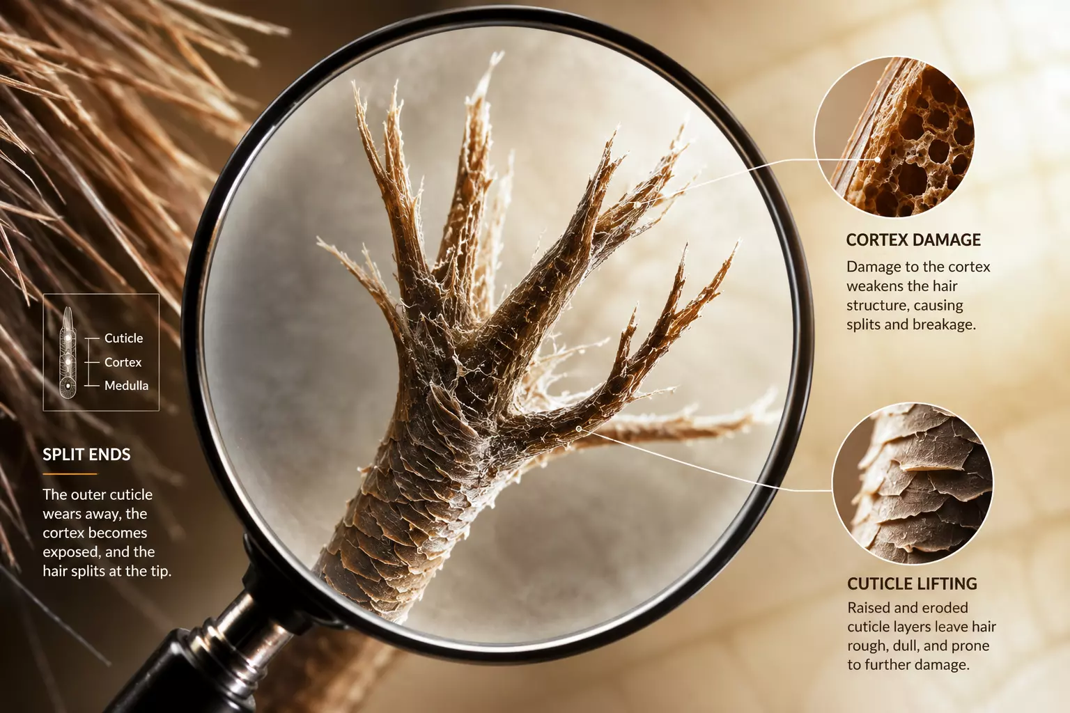 Split end hair strand magnified science diagram landscape
