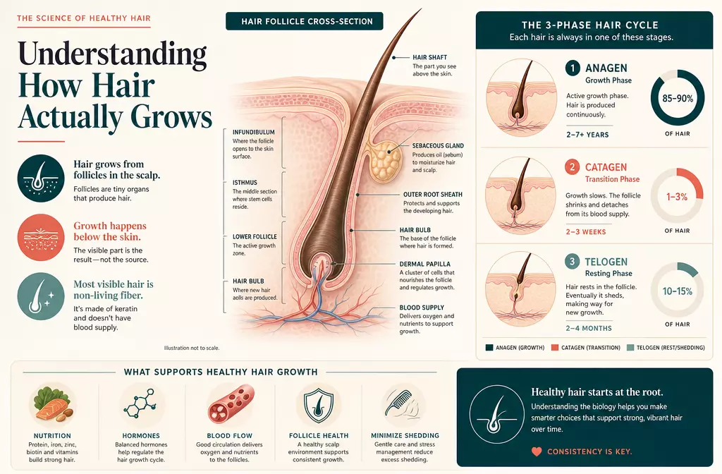 Biotin collagen keratin how hair grows science infographic
