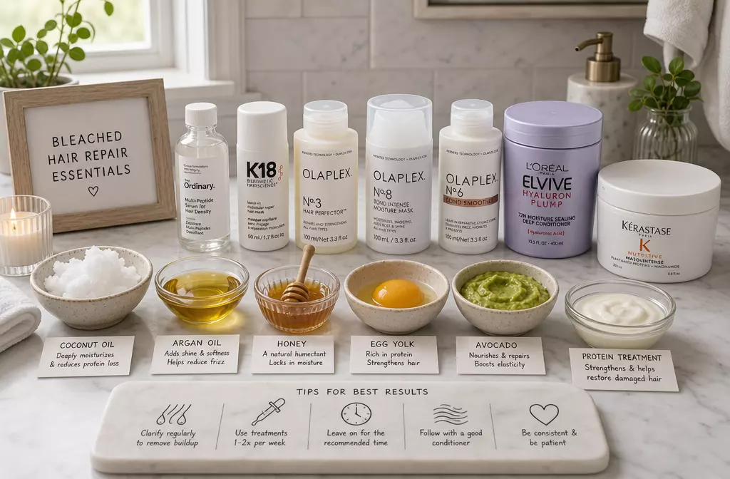 Bleached hair repair ingredients flat lay coconut oil honey