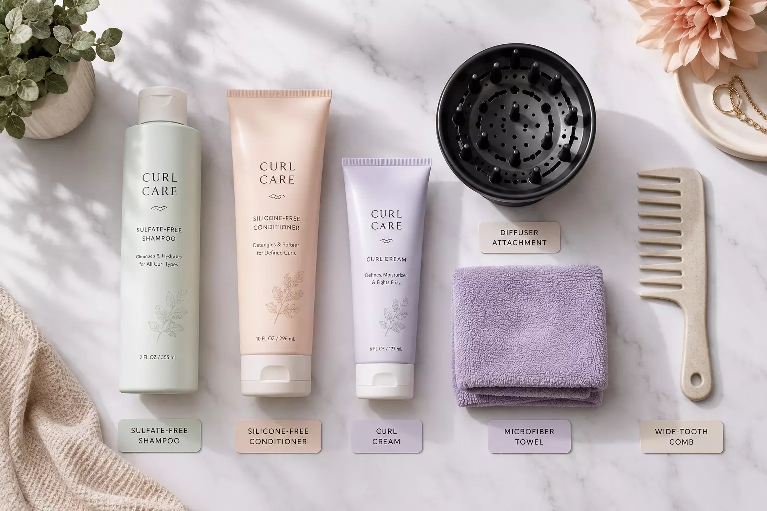 Curly girl method products flat lay minimalist editorial