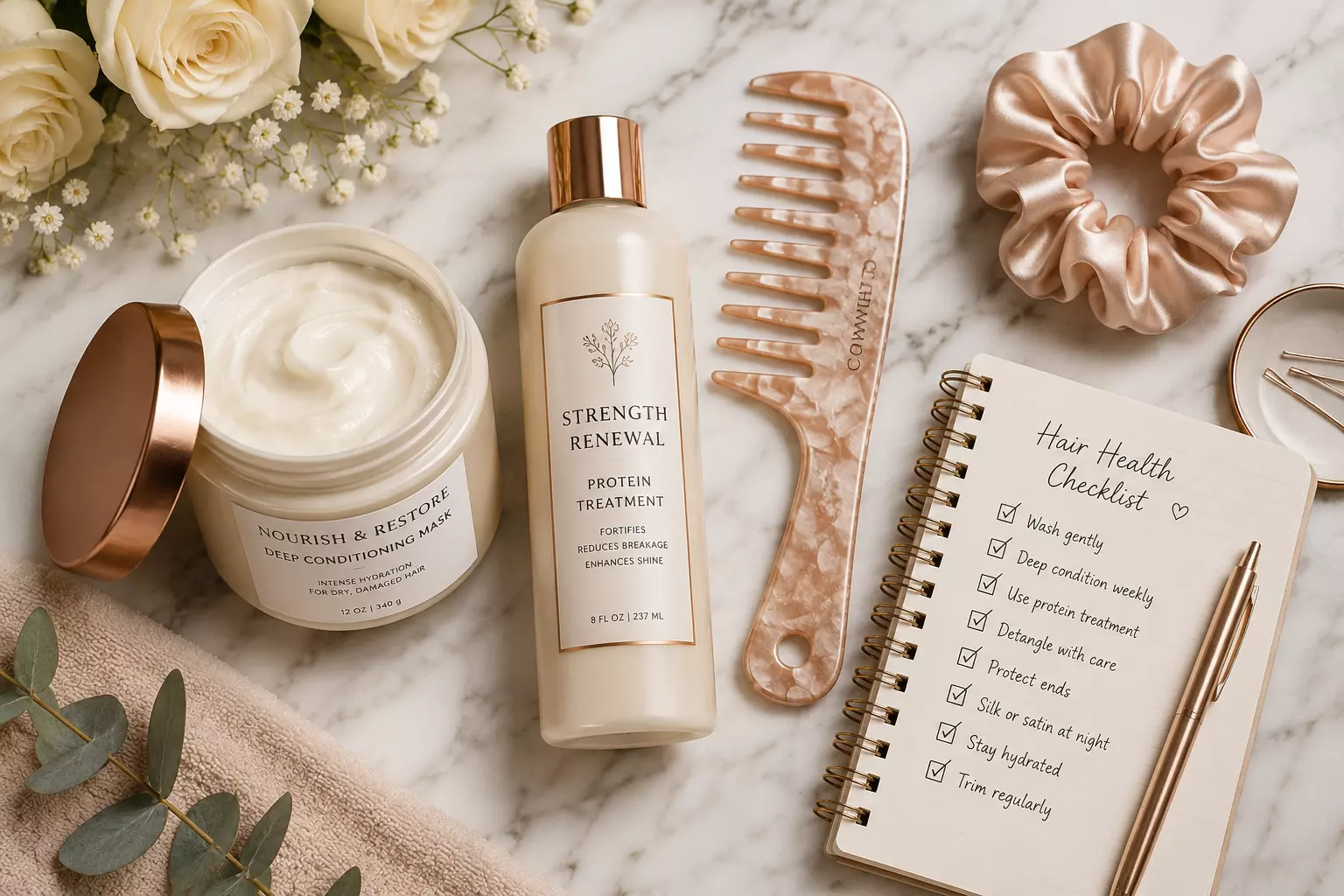 Hair breakage products flat lay checklist rose gold landscape