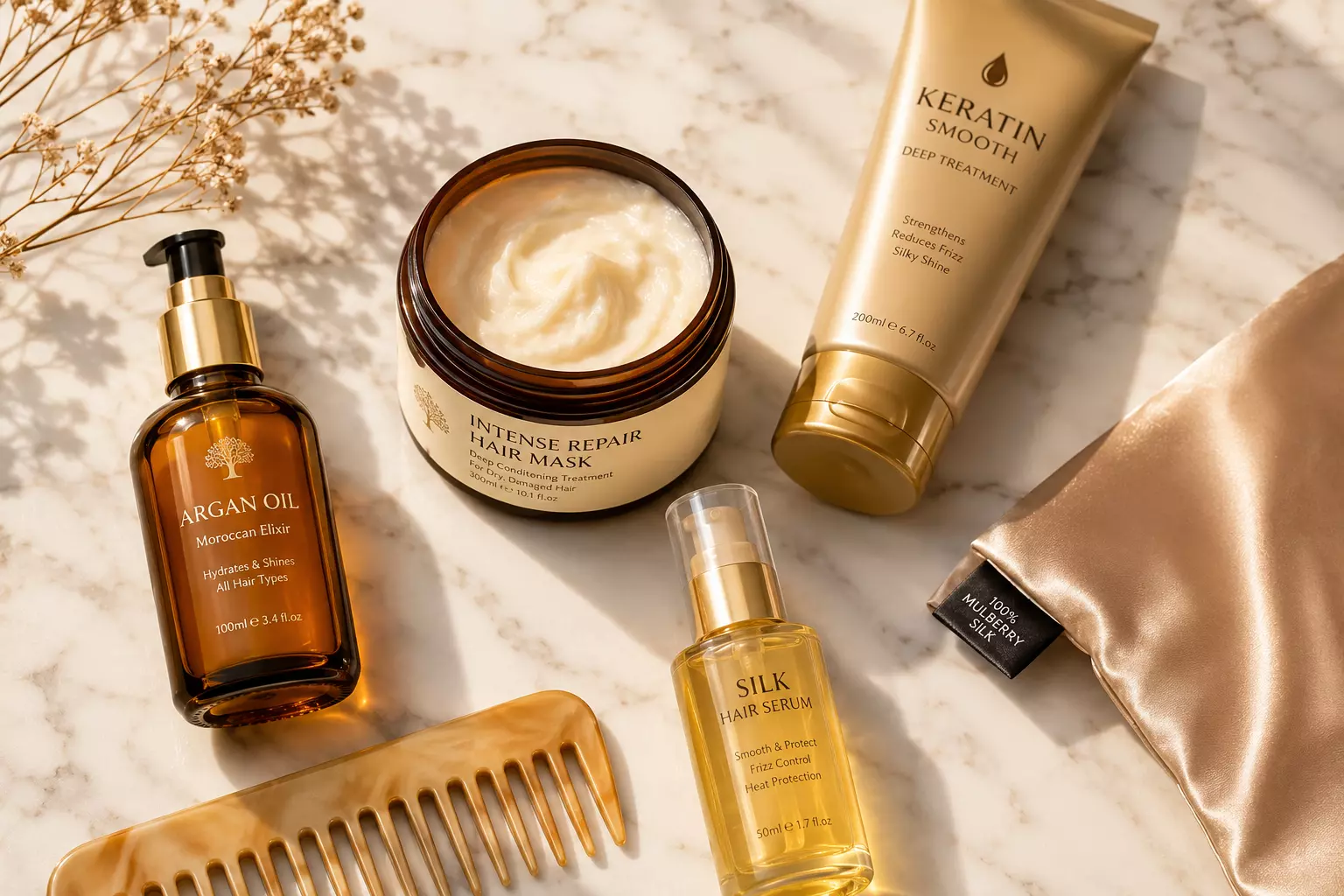 Hair care products flat lay argan keratin silk luxury