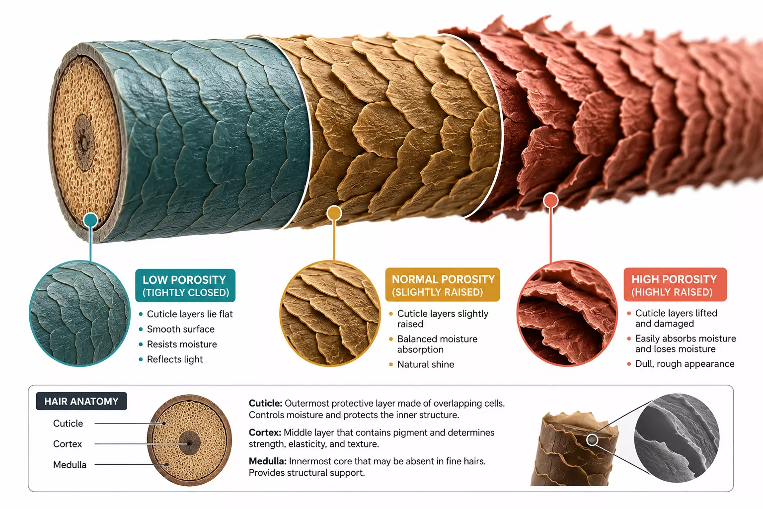 Hair porosity cuticle layer comparison magnified science diagram