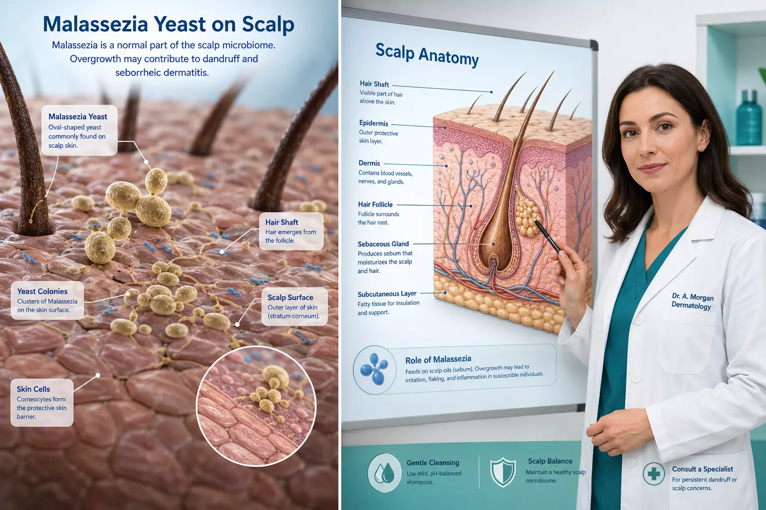 Malassezia yeast vs scalp anatomy split panel medical
