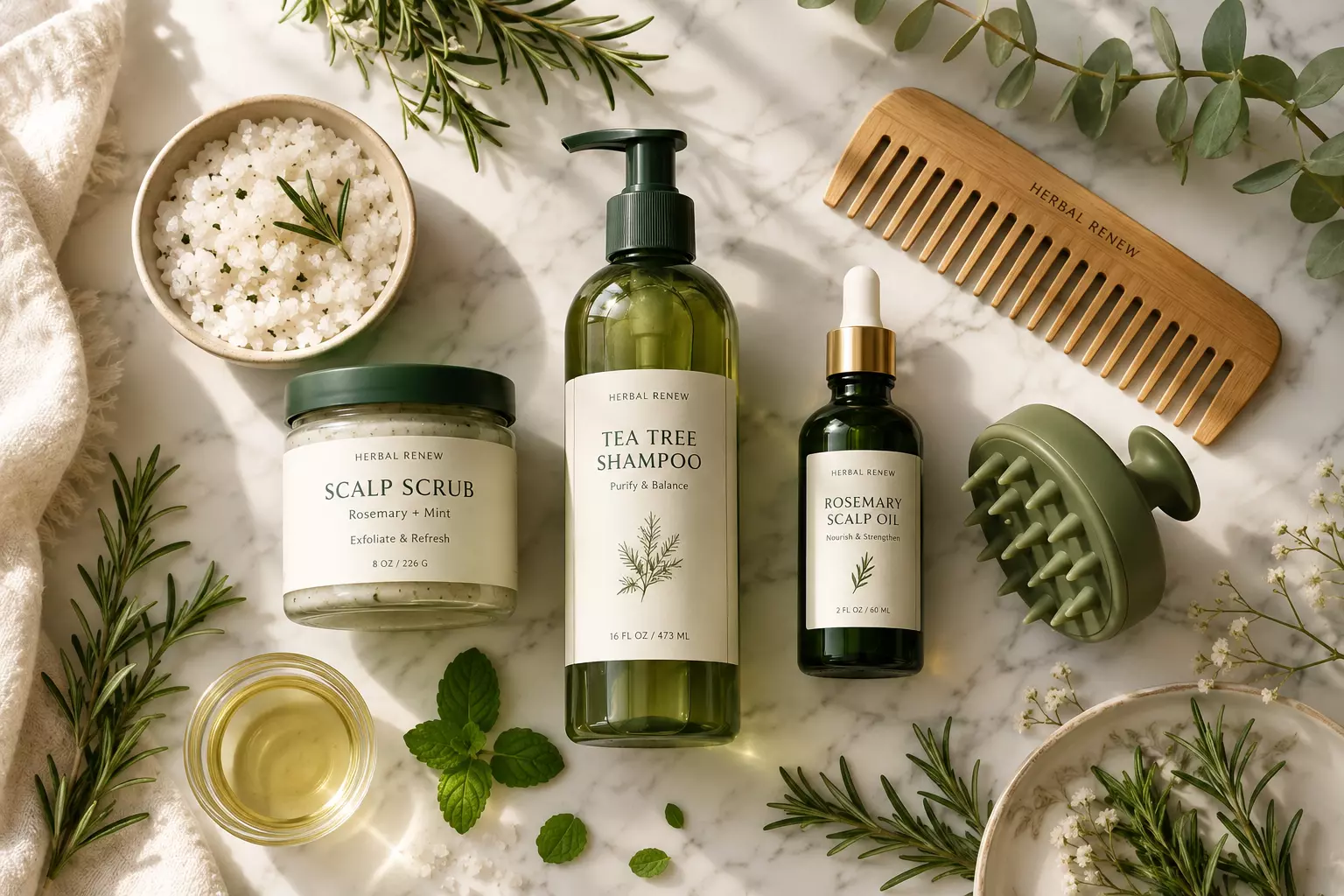 Scalp care routine products flat lay botanical editorial